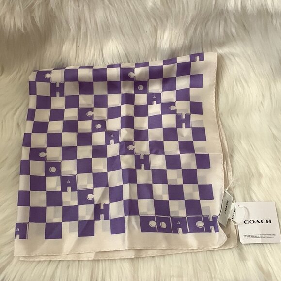 COACH Checkerboard Silk Bandana Scarf in Cream/Light Violet - Picture 1 of 3